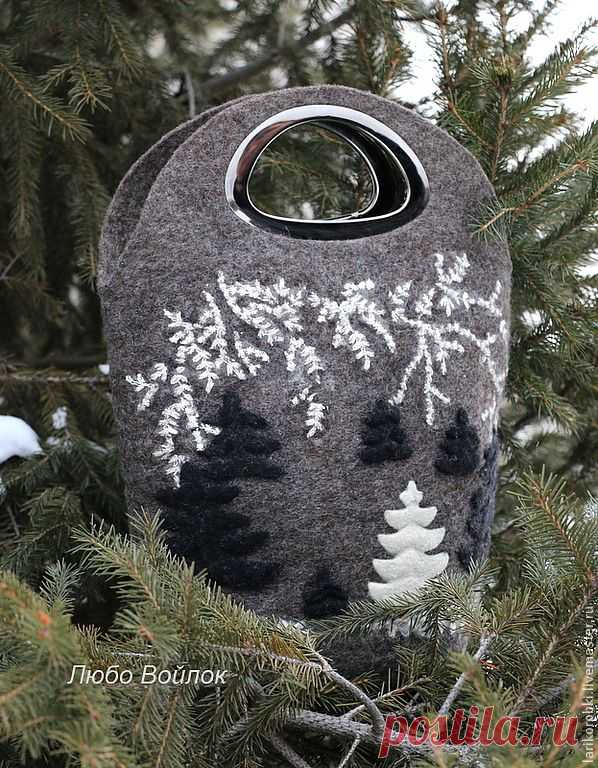Валяная сумка "Зимний лес" войлочная серая с рисунком - тёмно-серый,сумка валяная