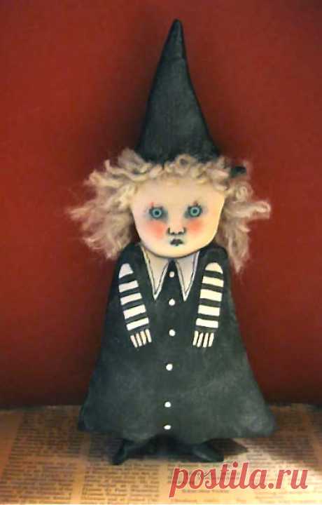 halloween witch art doll by sandy mastroni little art doll for halloween , original .....hand made , sewn stuffed , hand painted ....by sandy mastroni