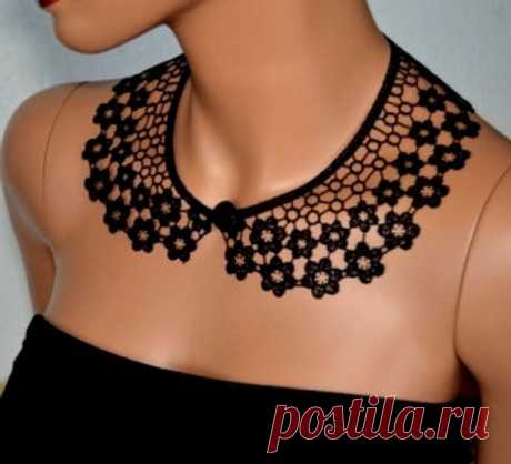 Black Peter Pan Collar, Black Detachable Collar and  button, Cotton, Lace Collar, Lace Necklace, Detachable Collar Necklace, gift for her Detachable collar with button in the front. Black color.  Beautiful light design is ideal addition to any style. Wear it with your summer dress, office shirt or casual cardigan and show off your wild side. This crochet collar is a useful addition to any wardrobe.  This item is perfect gift