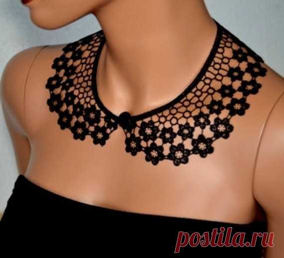 Black Peter Pan Collar, Black Detachable Collar and  button, Cotton, Lace Collar, Lace Necklace, Detachable Collar Necklace, gift for her Detachable collar with button in the front. Black color.  Beautiful light design is ideal addition to any style. Wear it with your summer dress, office shirt or casual cardigan and show off your wild side. This crochet collar is a useful addition to any wardrobe.  This item is perfect gift