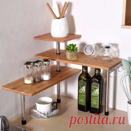 3 Tier Kitchen Desktop Corner Shelving Unit Bamboo and Stainless Steel Kitchen Storage with 4 Hooks Saving Space for Office Organize - Walmart.com