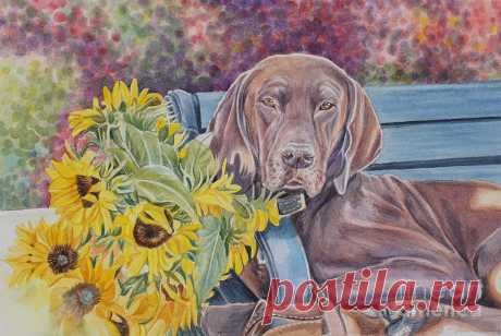 Sunflower Dog by Gail Dolphin Sunflower Dog Painting by Gail Dolphin