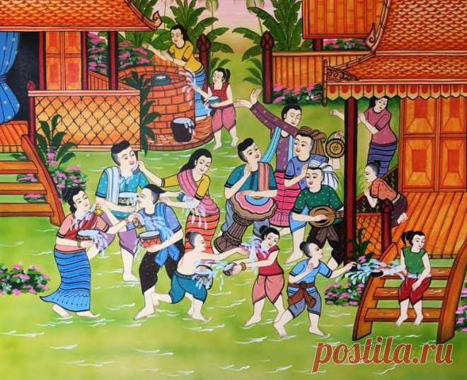 Folk Painting Songkran Thai Culture and Traditions | Royal Thai Art Song Kran is Thailand's famous New Year, a mark start of summer or hot weather season. This Folk Painting is 100% handmade in high quality acrylic paint, on premium quality canvas. Royal Thai Art offers you with an array of exclusive original details and high-quality art collections curated for your Asian home decor.