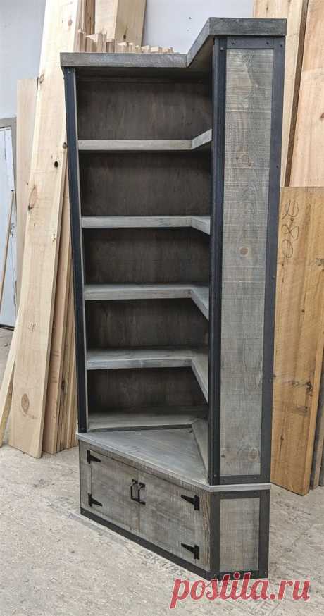 Rustic Industrial Corner Bookcase with Seat / Barn Board / Book case / Reclaimed Wood /