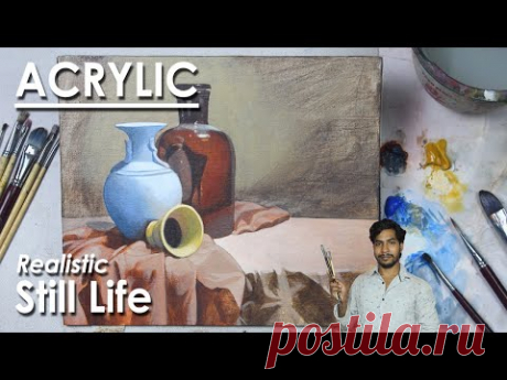 Acrylic Realistic Still Life Painting - Glass Jar, Vases, Drapery painting step by step