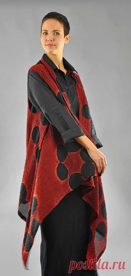 Willow Vest in Red and Black by Michael Kane (Silk Vest) | Artful Home Willow Vest in Red and Black by Michael Kane . This hand-dyed silk bubble gauze vest creates a beautiful, fluid drape over the body. The artist uses Itajimi Shibori techniques to create the dot design decorating the piece’s surface. The fabric is accordion pleated, board clamped and dyed in a traditionally Japanese manner. Can be flipped and worn with more fabric around neck in a shawl fashion and cropped shorter in back.