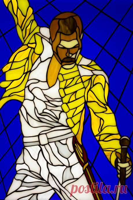 Stained glass panel Freddie Mercury Window hanging Pop art glass Custo Window hanging panel made of stained glass pieces by custom order. Based on the photo of Freddie Mercury from Live at Wembley 86.Handmade using Tiffany copper foil technique.Looks amazing in the lights of a sun.Framed with brass profile.You will get it completely ready for installation. It comes with a suction cup hang