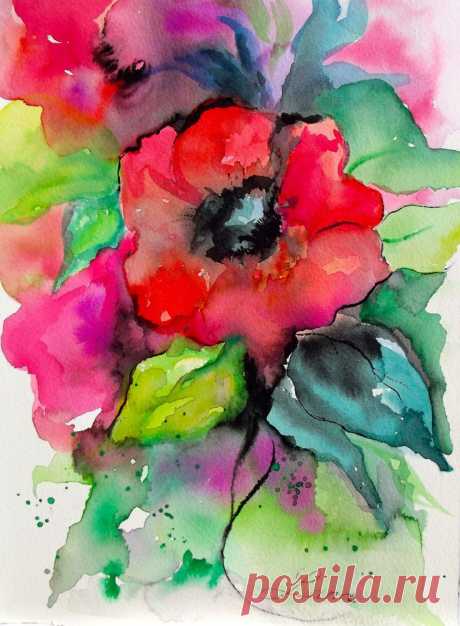 Abstract Original Watercolor Painting - Free Shipping - Abstract Floral - Rose…