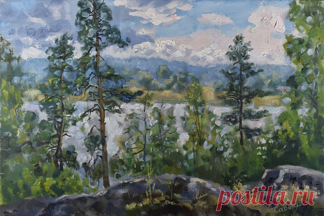 用松树绘画 山水画 Pine Tree Painting Island 油畫原作 Landscape Original Art Nature Artwork - Shop ArtDivyaGallery Posters - Pinkoi