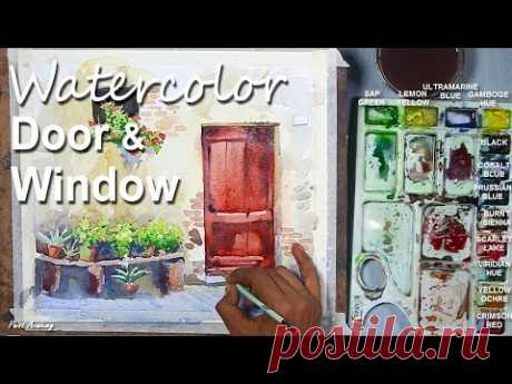 Old Door and Window of Italy Watercolor Painting