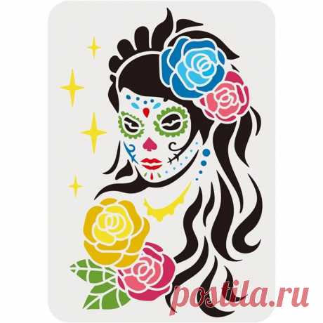 Plantilla de calavera de azúcar para mujer, aerógrafo reutilizable de 11,7x8,3 pulgadas, tamaño grande A4, con flores, corte láser, pintura de Mylar - AliExpress