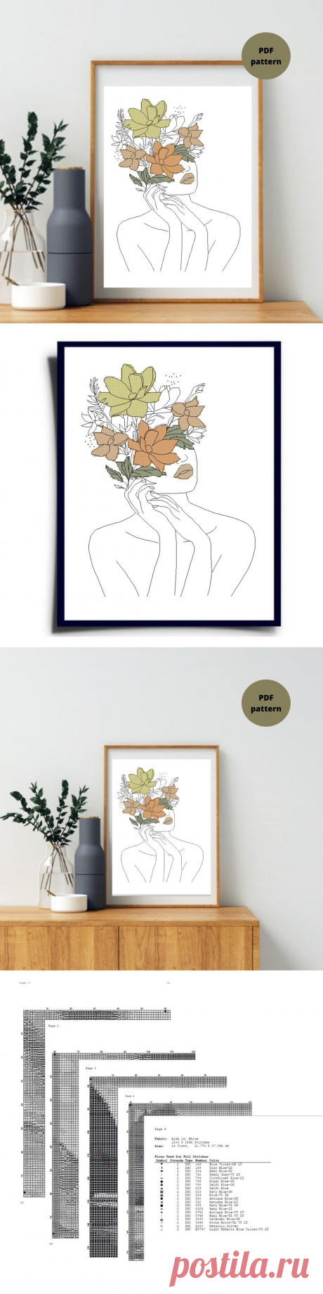 Woman line art cross stitch pattern Girl and flower Boho Min - Inspire Uplift