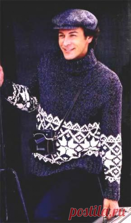 Вязаный мужской свитер с жаккардовой каймой. Модель для вязания 16