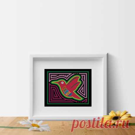 Hummingbird Mola Art Print in Dark Pink Colorful Bird Print | Etsy