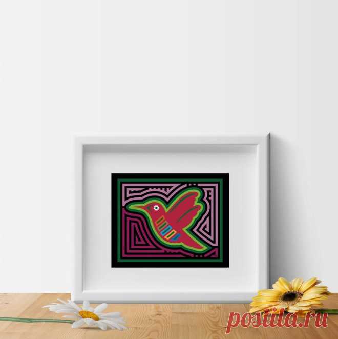 Hummingbird Mola Art Print in Dark Pink Colorful Bird Print | Etsy