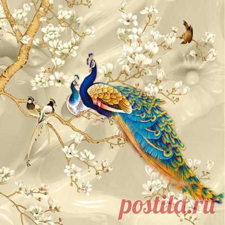 3D Stereoscopic Magnolia Flowers with Peacocks Wallpaper