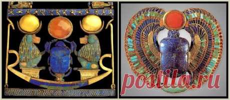 Пекторали  Тутанхамона.   Золото,  камни  лазурит  (резной  скарабей),  карнеол  ( символ  Солнца),  бирюза.    Египетский  музей  в  Каире.