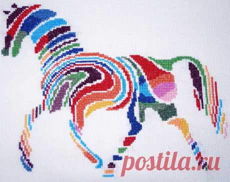 Modern cross stitch kit Abstract horse Modern cross stitch kit Abstract horse. Counted cross stitch kit with whole stitches only. Kit contains: Cross stitch pattern Fabric - see options available Threads pre-wound on plastic card bobbins Needle Instructions