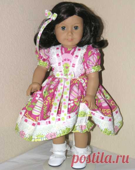 18 inch American Girl Doll Clothes - Easter Dress, Bloomers, Hair Ribbon - Bunny Includes: Handmade Doll Dress, Bloomers with Hair Ribbon    Fits 18 inch American Girl dolls and similar sized dolls    Dress Features:  - 2 coordinating cotton fabrics - pink Happy Easter novelty print and pink and green rose plaid - LINED bodice has a bunny in the center and pink satin ribbon ruffled eyelet beading  - attached white satin ribbon with pink and green flowers at waist  - 2 LAYE...