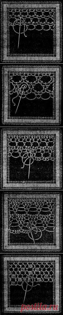 Irish Lace - Chapter XIII - Encyclopedia of Needlework, Irish lace materials, Irish lace patterns, tacking down the braids, bars of different kinds, Insertion stitches