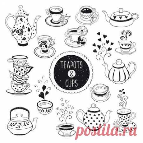 Hand drawn teapot and cup collection. Doodle tea cups, coffee cups and teapots isolated on white background. Vector illustration on tea time icons for cafe and restaurant menu design. 123RF - Миллионы стоковых фото, векторов, видео и музыки для Ваших проектов.