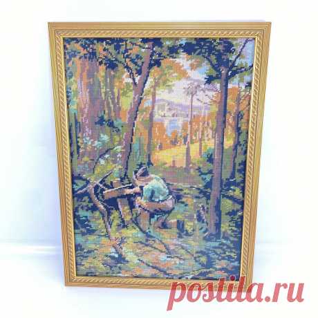 Винтаж мужчина в лесу с крестом могила в рамке вышивка арт 15.75" X 21" | eBay