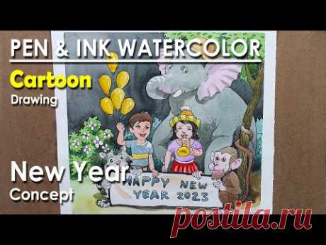 Cartoon Drawing - Happy New Year | Epi - 02 | Pen &amp; Ink and Watercolor | Supriyo