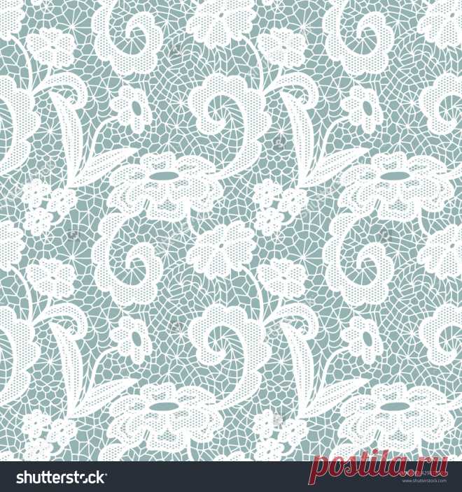 White lace seamless pattern with flowers on blue background