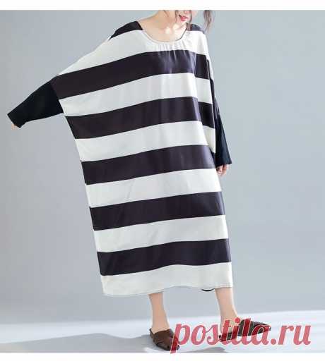 Black and White Striped Spliced Black Female Lady Long Sleeve Dress Sl - idetsnkf