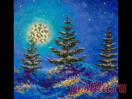 Рисуем простой Новогодний и Рождественский пейзаж акрилом - художник Валерий Рыбаков.