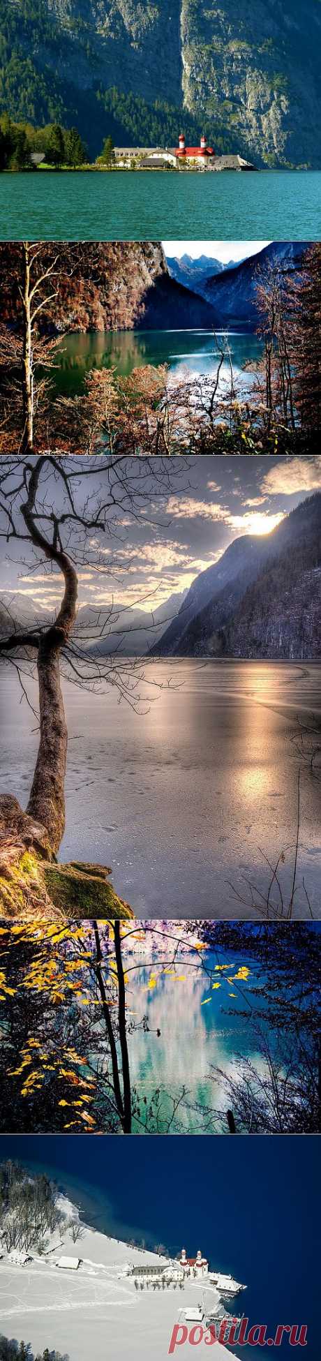 Озеро Кёнигзее (“Королевское озеро”), одна из самых красивых природных достопримечательностей Германии. Большая часть озера лежит на территории Национального парка Берхтесгаден. Изумрудный водоем с кристально-чистой водой уютно расположился в окружении могущественных гор и великолепных альпийских пейзажей. Кёнигзее образовалось во время последнего ледникового периода вследствие таяния ледников. Оно простирается с севера на юг на 7,2 км.