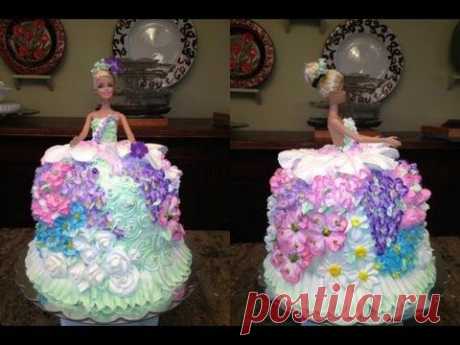 Barbie Doll Cake How to decorate a Barbie Doll/Princess Cake with icing- flowers - YouTube