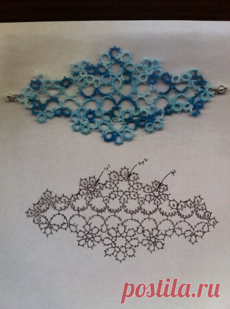 (23) Tatted lace bracelet with diagram. One can make only half the pattern as well to serve as a decorative border or edging (when joined at ends). Woul…