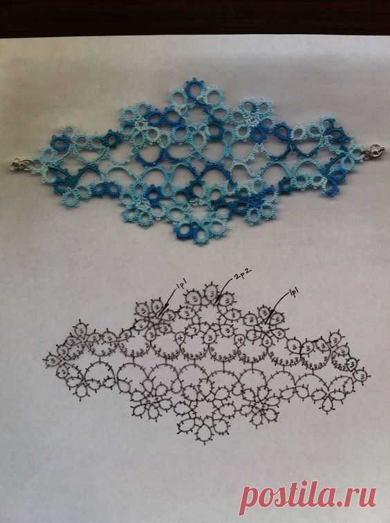 (23) Tatted lace bracelet with diagram. One can make only half the pattern as well to serve as a decorative border or edging (when joined at ends). Woul…