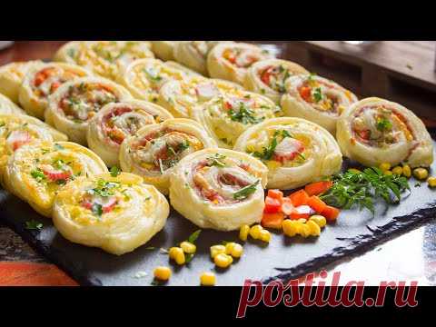 Рулеты из слоеного теста с салями милано, сыром, перцем и сурими - быстрые вкусные закуски