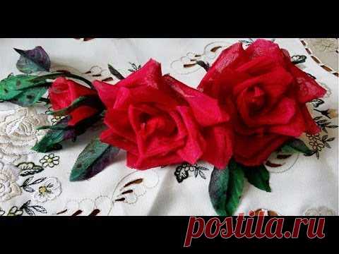Три розы из ткани без инструментов