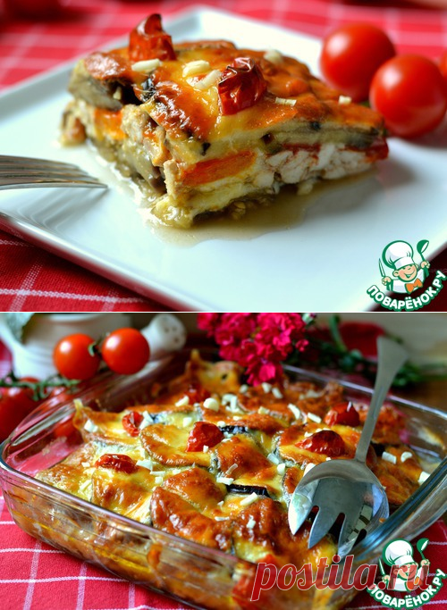 Запеченные баклажаны с куриным мясом.