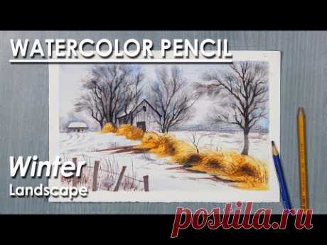 Watercolor Pencil Simple Winter Landscape Painting | step by step techniques