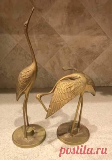 SOLID Bronze Brass SET 2 Crane Heron Bird 12" Statue Sculpture VINTAGE RARE
