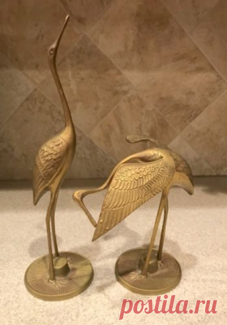 SOLID Bronze Brass SET 2 Crane Heron Bird 12" Statue Sculpture VINTAGE RARE