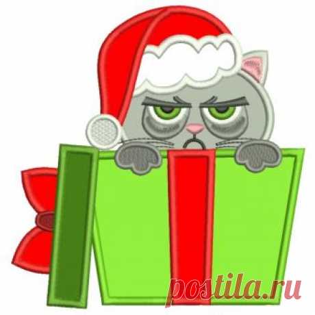 Grumpy Cat Inside a Gift Box Christmas Applique Machine Embroidery Digitized Design Pattern