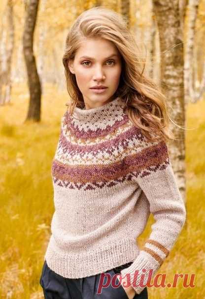 Свитер Ascot от Lana Grossa.

Размеры: 36-38 (40-42, 44-46).

Вам потребуется: 300 (350, 400) грамм бледно-розовой меланжевой (цвет 15), 100 (150, 150) грамм жёлтой меланжевой (цвет 27), 50 (100, 150) грамм бургундской меланжевой (цвет 17) и 50 (100, 100) грамм бордовой меланжевой (цвет 26) пряжи Ascot Lana Grossa, состоящей из 57% шерсти, 18% альпака, 25% вискозы, длиной нити 120 метров в 50 граммах; спицы № 5 и № 6, круговые спицы № 6.

Резинка: попеременно 1 лицевая, 1 ...