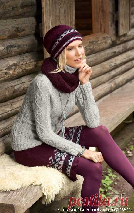Комплект из пуловера, юбки, шапки и шарфа-петли с миксом рельефных узоров и норвежских орнаментов.