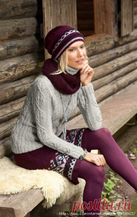 Комплект из пуловера, юбки, шапки и шарфа-петли с миксом рельефных узоров и норвежских орнаментов.