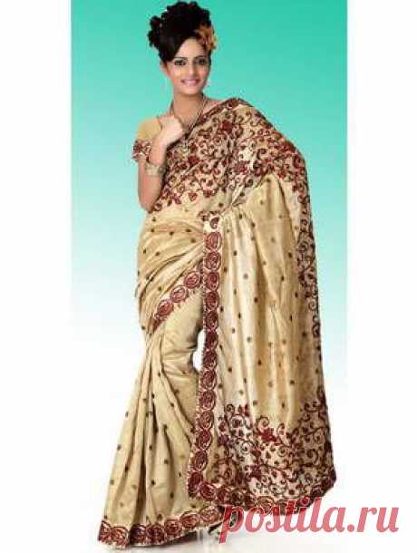 Giallo-marrone indiana in sari di design seta, decorato con ricami di seta arricciata filo con perle, paillettes - sari indiano comprare