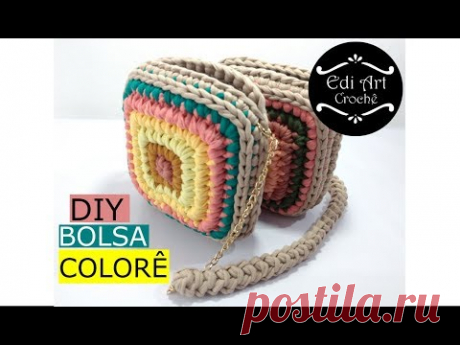 Bolsa colorê - Bag crochet - Bolsa quadrada  - DIY - Fio de malha | Edi Art Crochê