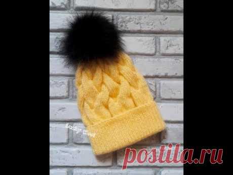 Яркая шапка из ангоры с узором из кос. Hat, knitting.