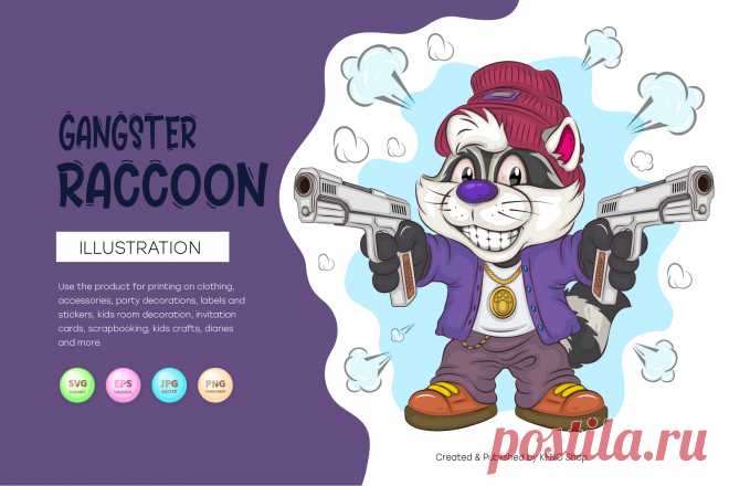 An image of a cool cartoon raccoon with two pistols in his hands. Unique design, Childish illustration. Use the product to print on clothing, accessories, holiday decorations, labels and stickers, nursery decorations, invitation cards, scrapbooking, diaries and more.
-------------------------------------------
EPS_10, SVG, JPG, PNG file transparent with a resolution of 300 dpi, 15000 X 15000.