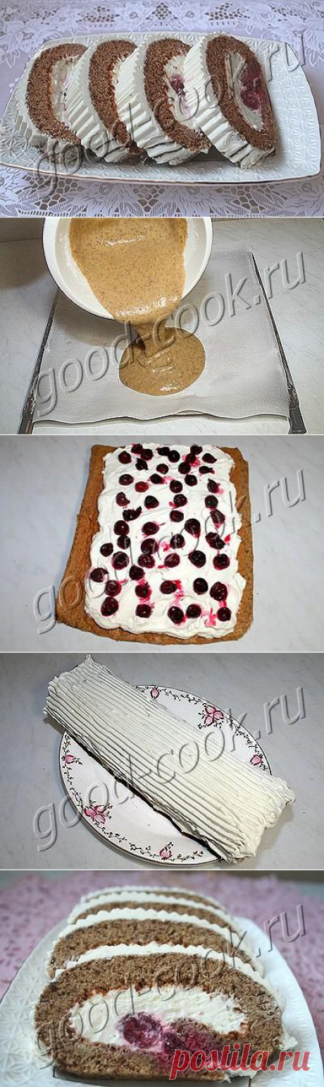 Хорошая кухня - шоколадно-кофейный рулет с вишней. Кулинарная книга рецептов. Салаты, выпечка.