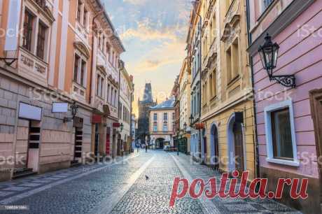 Prague Street And The Powder Gate No People Stock Photo - Download Image Now - iStock